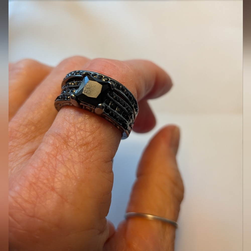 Women's Black Gemstone Engagement Ring Set Sz 9